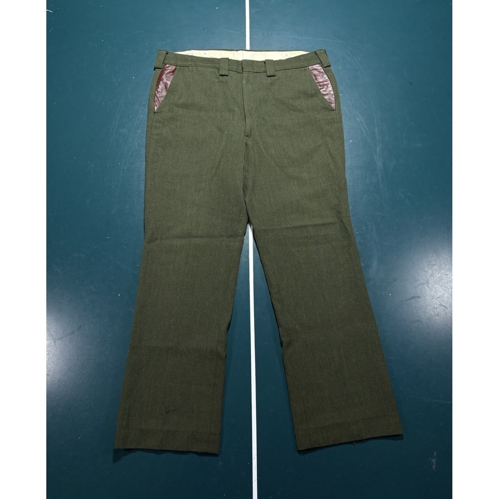 Vtg 70s LL Bean Heavy Wool Pants Mens 36x29 Green Leather Trim Hunting Field USA